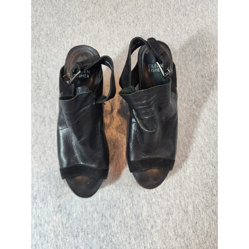 Eileen Fisher Wedge Sandals Womens 8 Black Leather Ruched Platform Slingback